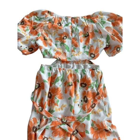Harper And Me Cutout Back Puff Sleeve Orange Floral Midi Dress Tie Size 10 - Picture 5 of 6